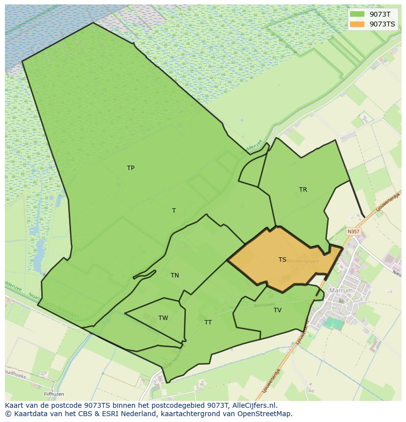 Afbeelding van het postcodegebied 9073 TS op de kaart.