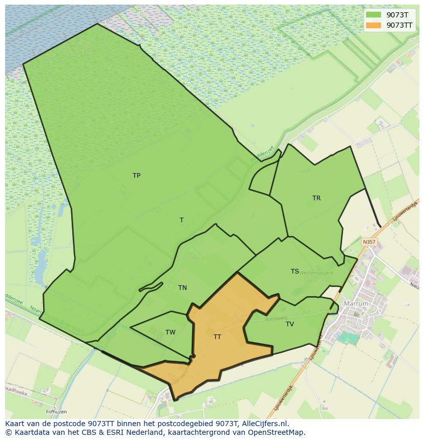Afbeelding van het postcodegebied 9073 TT op de kaart.