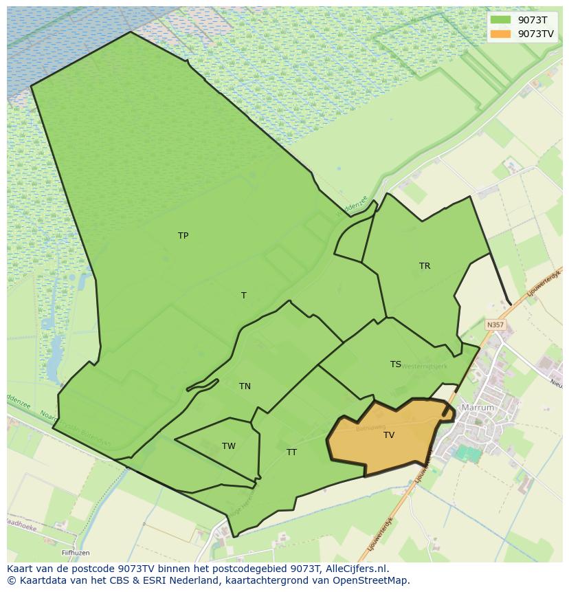 Afbeelding van het postcodegebied 9073 TV op de kaart.