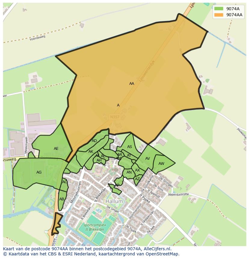 Afbeelding van het postcodegebied 9074 AA op de kaart.