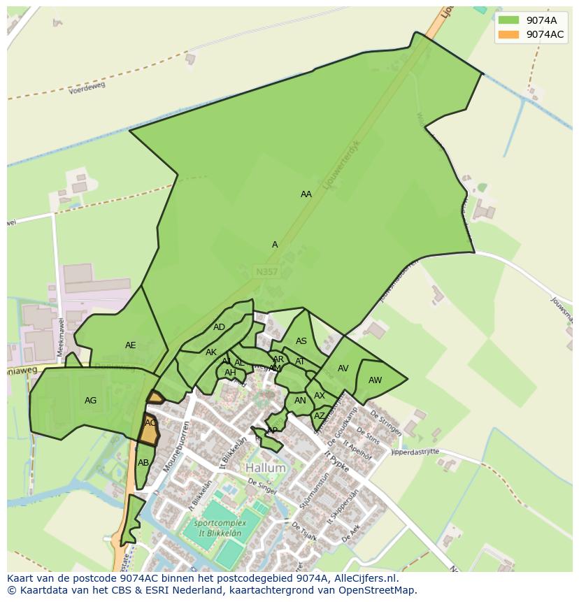 Afbeelding van het postcodegebied 9074 AC op de kaart.
