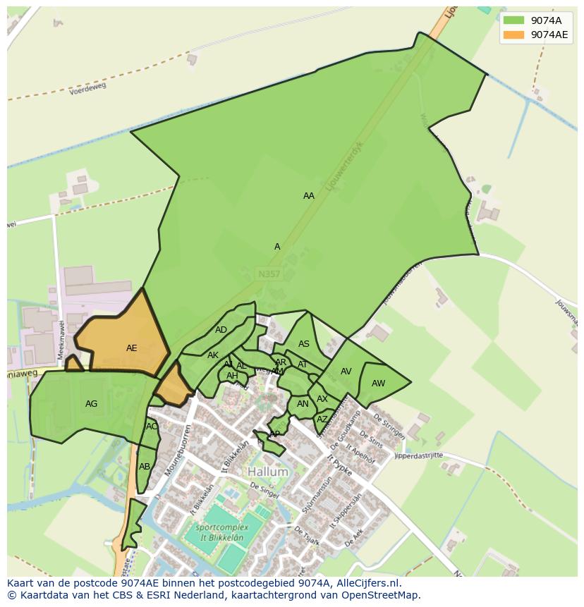 Afbeelding van het postcodegebied 9074 AE op de kaart.