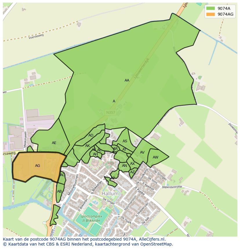 Afbeelding van het postcodegebied 9074 AG op de kaart.