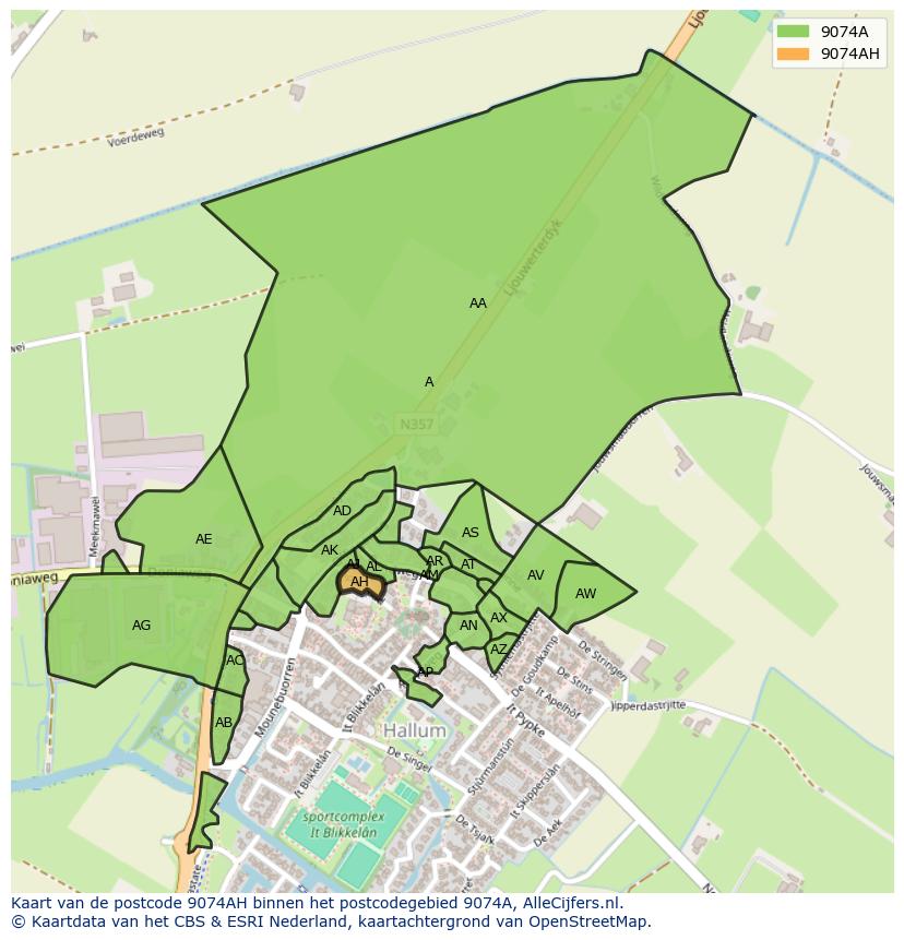 Afbeelding van het postcodegebied 9074 AH op de kaart.