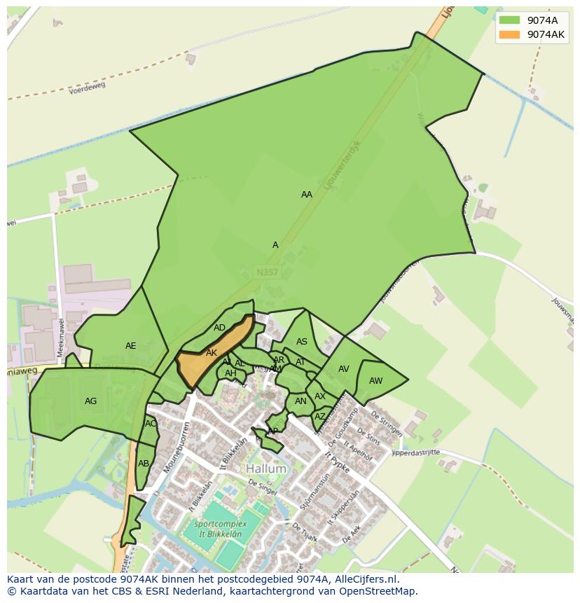 Afbeelding van het postcodegebied 9074 AK op de kaart.