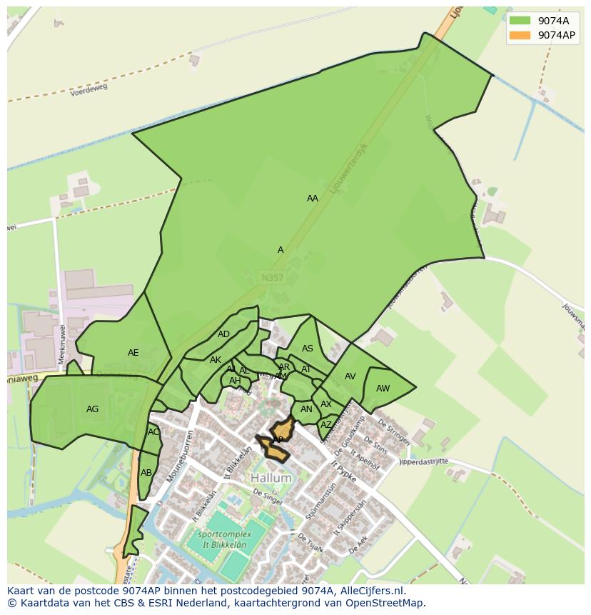 Afbeelding van het postcodegebied 9074 AP op de kaart.