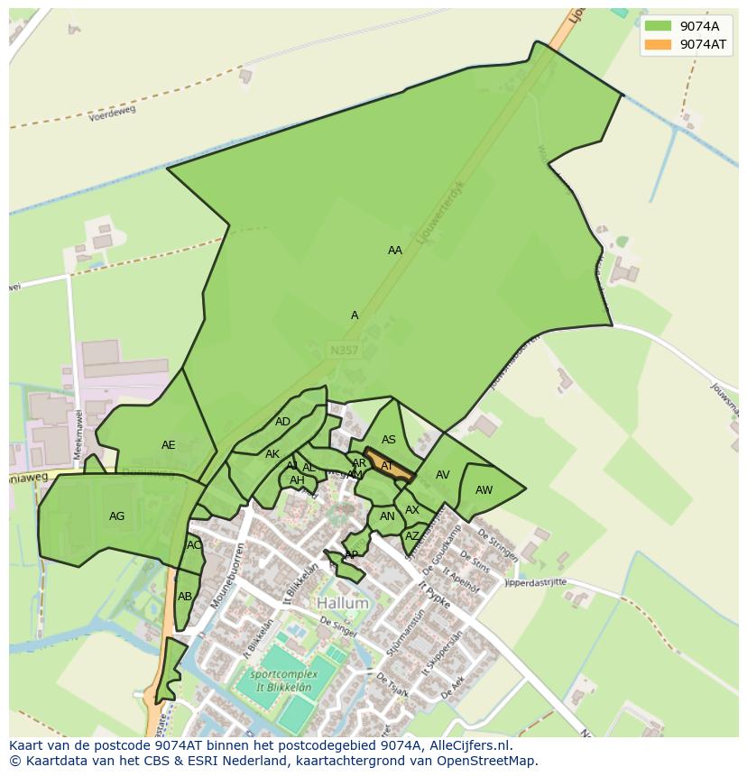 Afbeelding van het postcodegebied 9074 AT op de kaart.