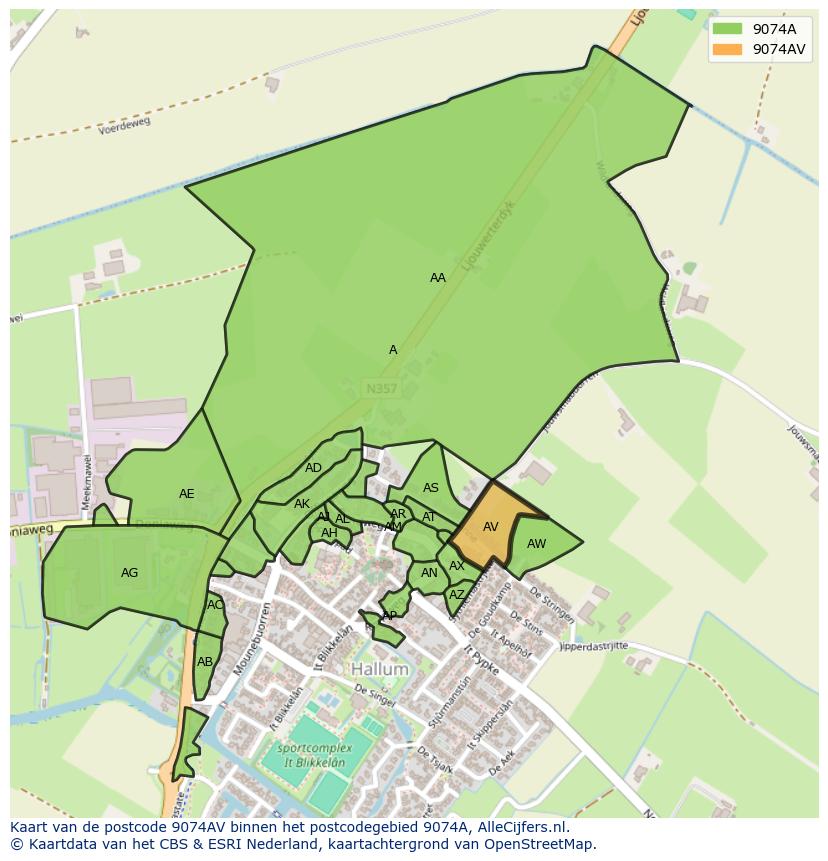 Afbeelding van het postcodegebied 9074 AV op de kaart.