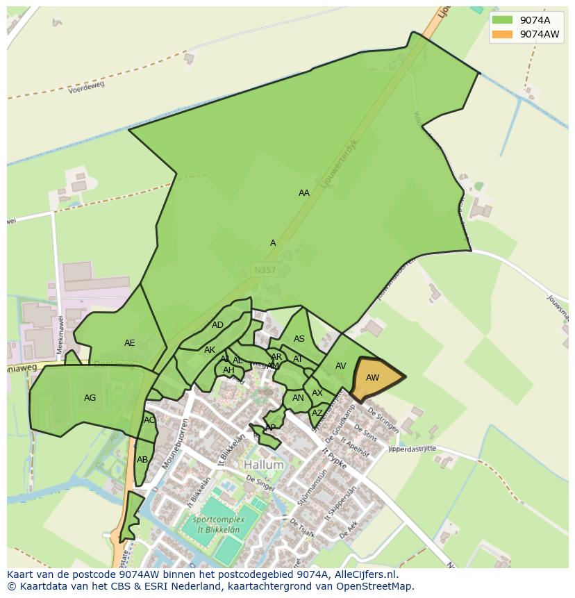 Afbeelding van het postcodegebied 9074 AW op de kaart.