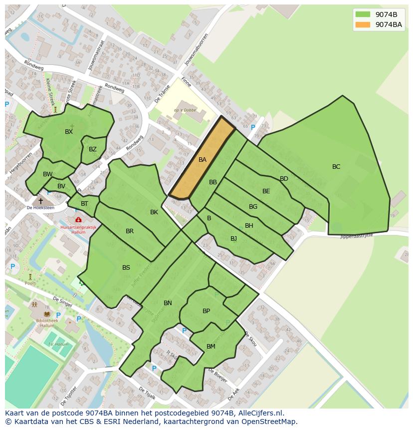 Afbeelding van het postcodegebied 9074 BA op de kaart.