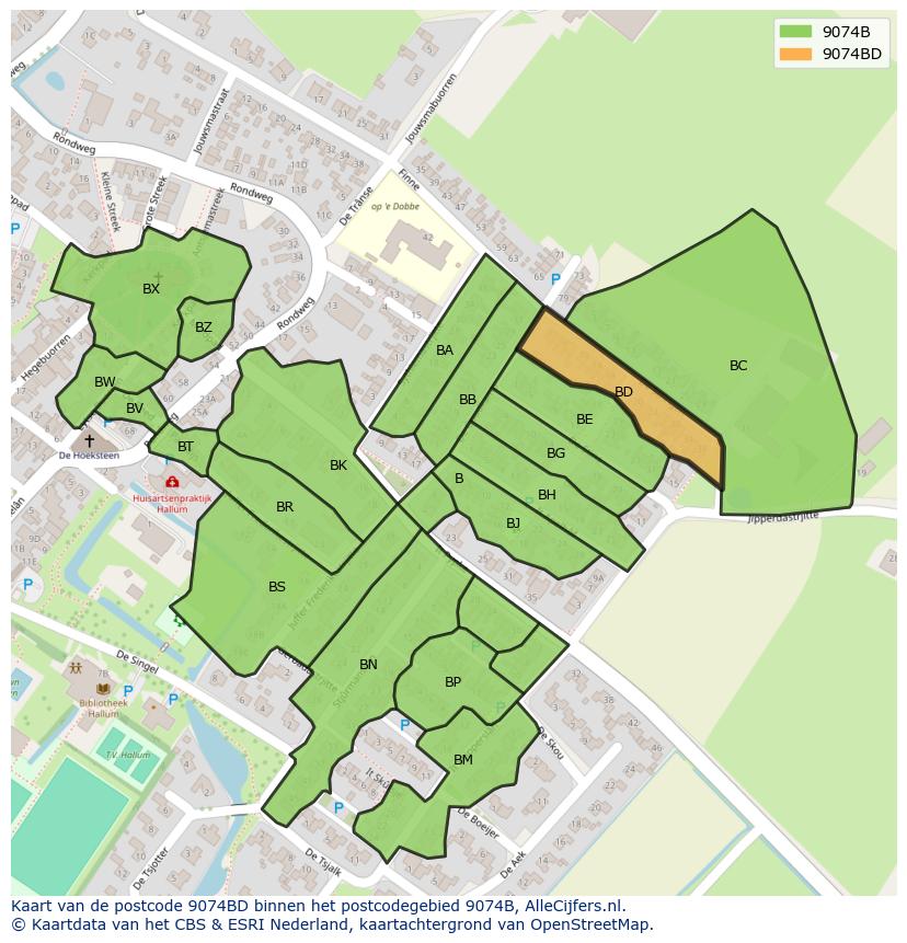 Afbeelding van het postcodegebied 9074 BD op de kaart.