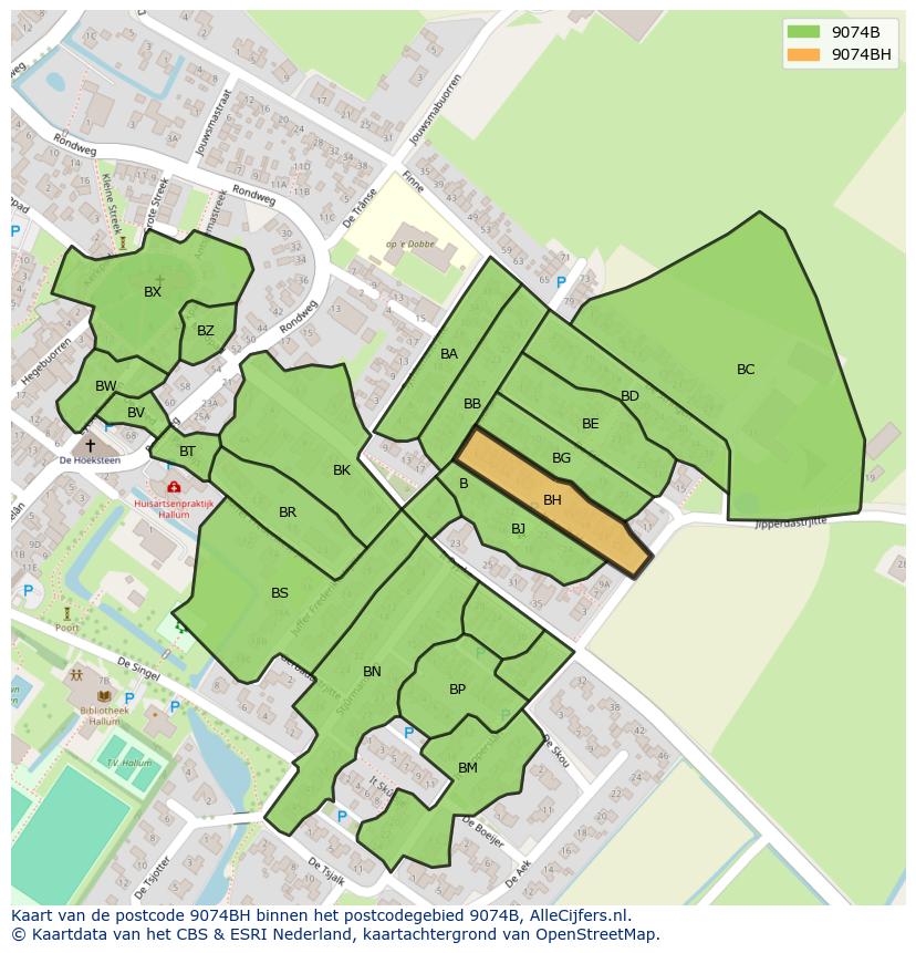 Afbeelding van het postcodegebied 9074 BH op de kaart.