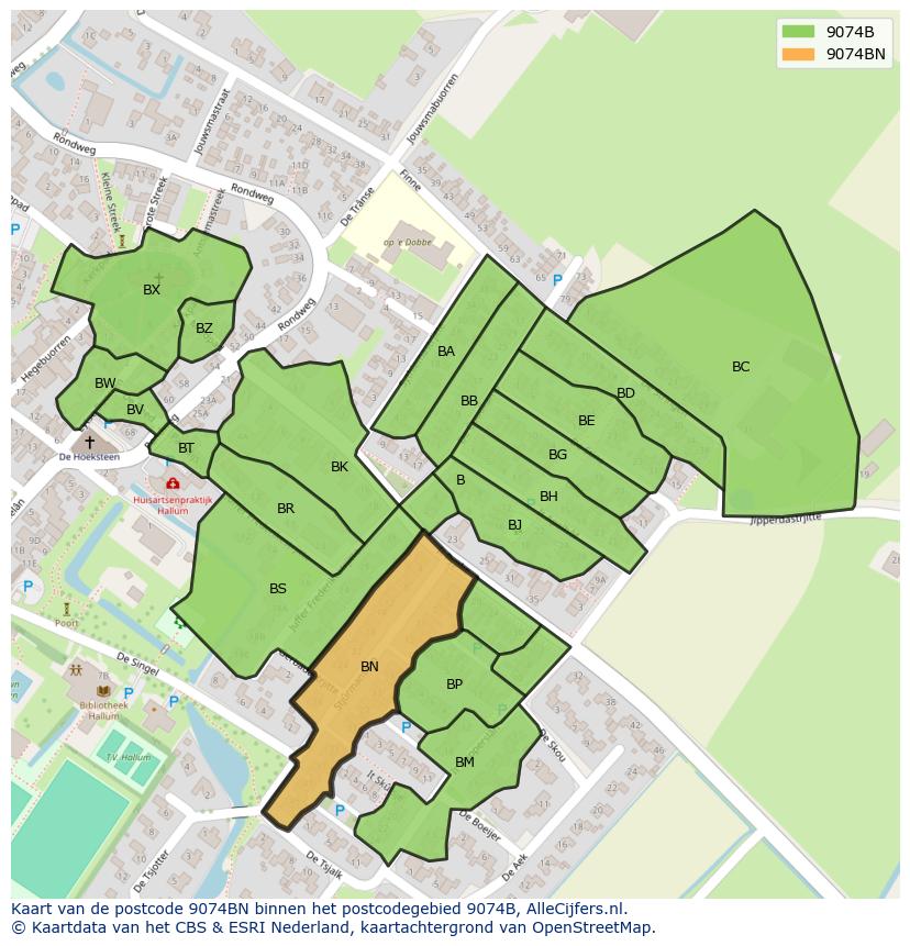 Afbeelding van het postcodegebied 9074 BN op de kaart.