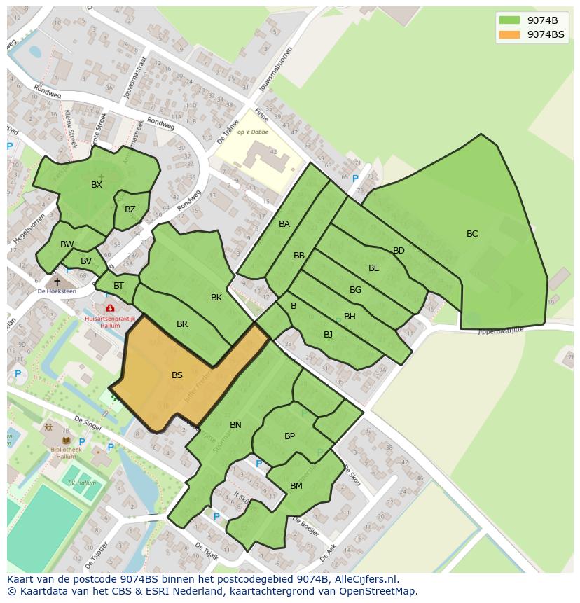 Afbeelding van het postcodegebied 9074 BS op de kaart.