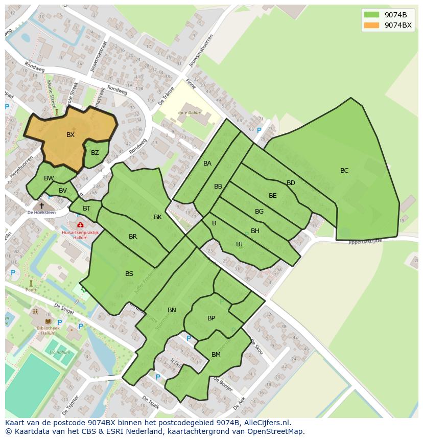 Afbeelding van het postcodegebied 9074 BX op de kaart.