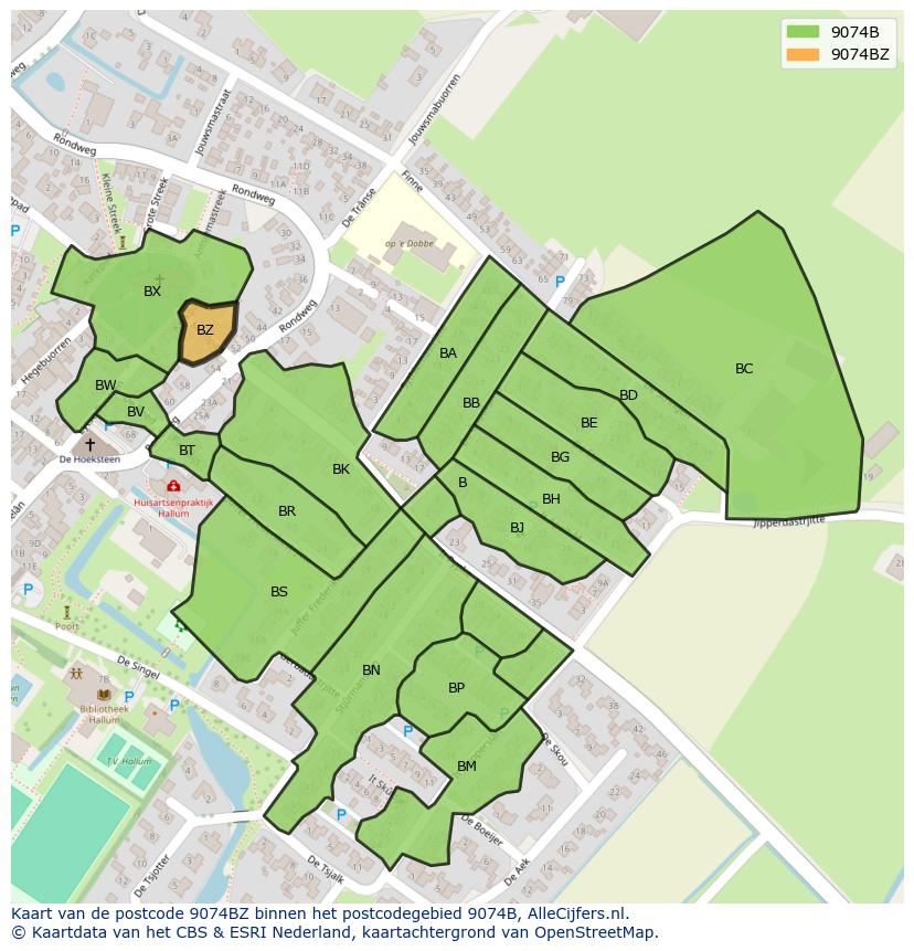 Afbeelding van het postcodegebied 9074 BZ op de kaart.