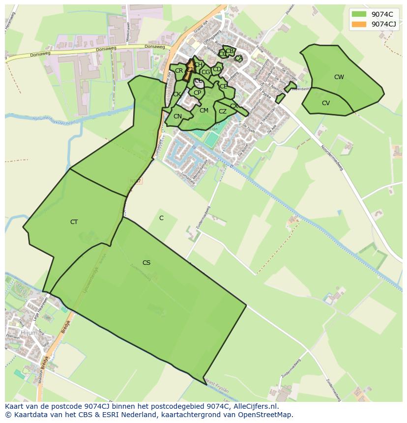 Afbeelding van het postcodegebied 9074 CJ op de kaart.