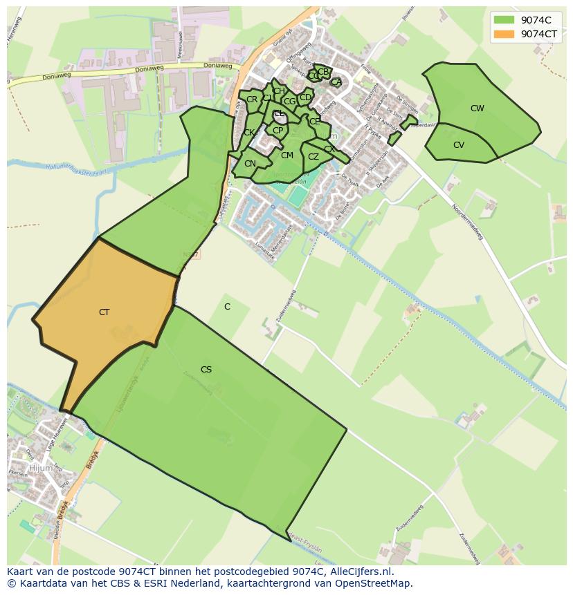 Afbeelding van het postcodegebied 9074 CT op de kaart.