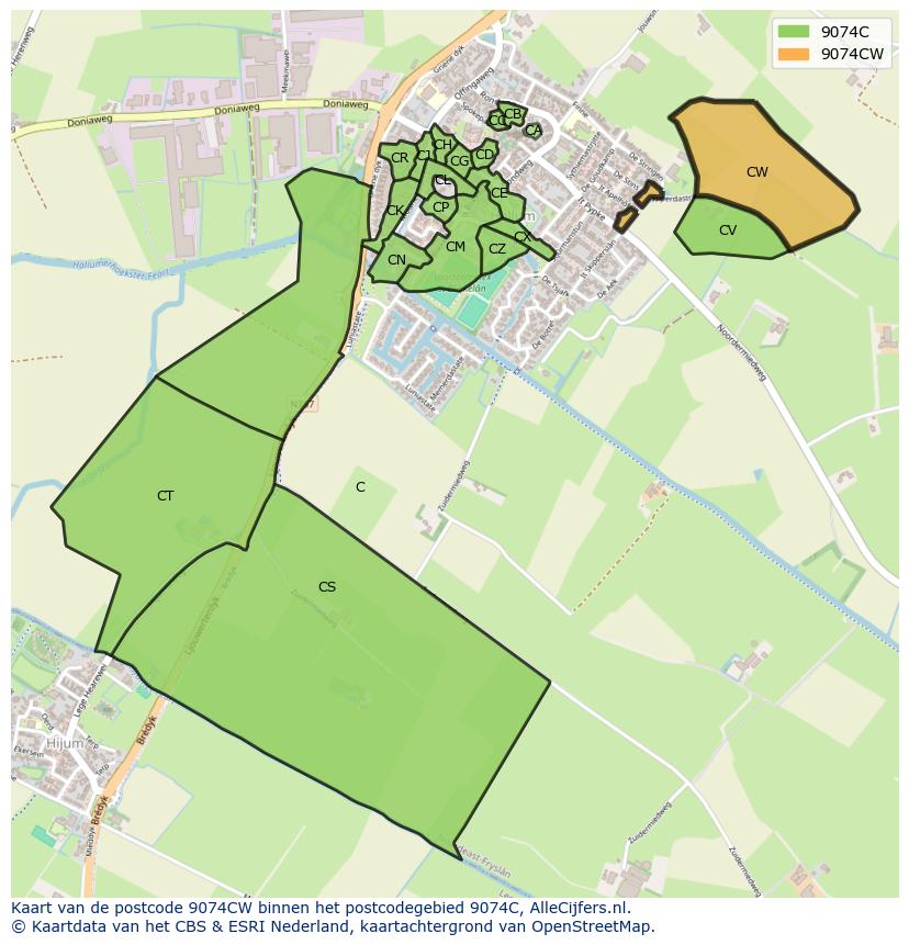 Afbeelding van het postcodegebied 9074 CW op de kaart.
