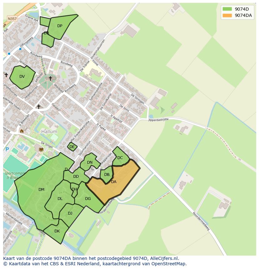 Afbeelding van het postcodegebied 9074 DA op de kaart.