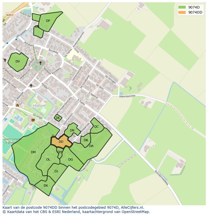 Afbeelding van het postcodegebied 9074 DD op de kaart.