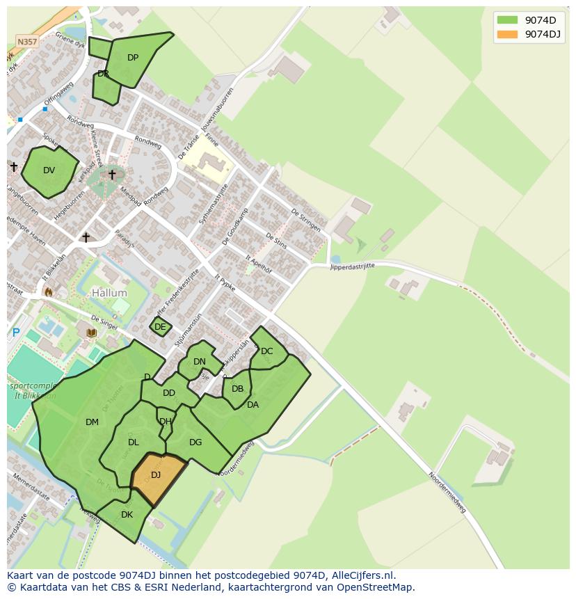 Afbeelding van het postcodegebied 9074 DJ op de kaart.