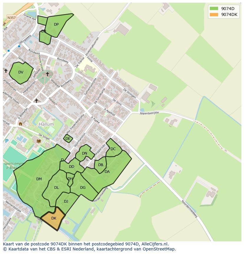 Afbeelding van het postcodegebied 9074 DK op de kaart.