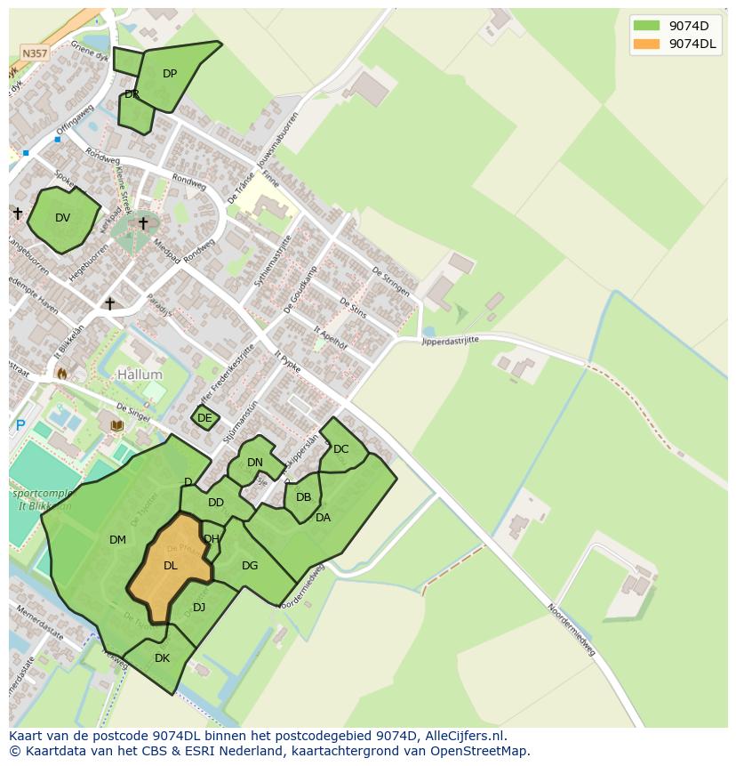 Afbeelding van het postcodegebied 9074 DL op de kaart.