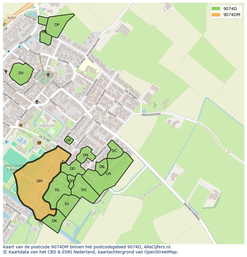 Afbeelding van het postcodegebied 9074 DM op de kaart.