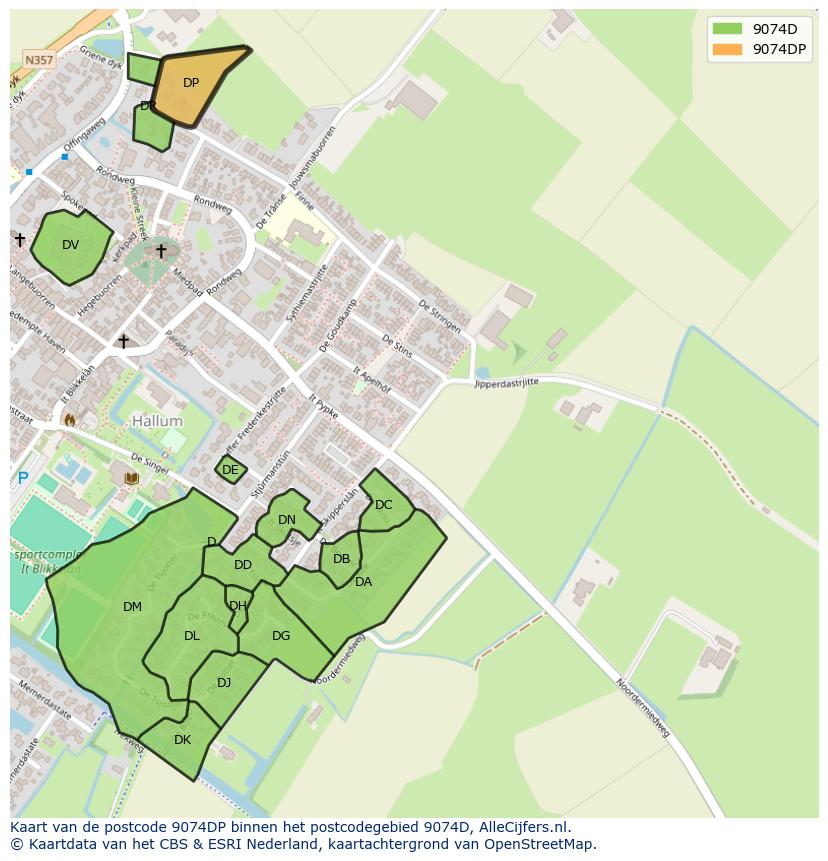 Afbeelding van het postcodegebied 9074 DP op de kaart.
