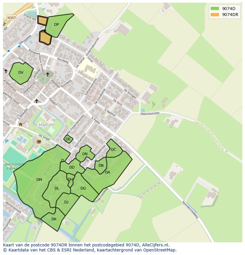 Afbeelding van het postcodegebied 9074 DR op de kaart.