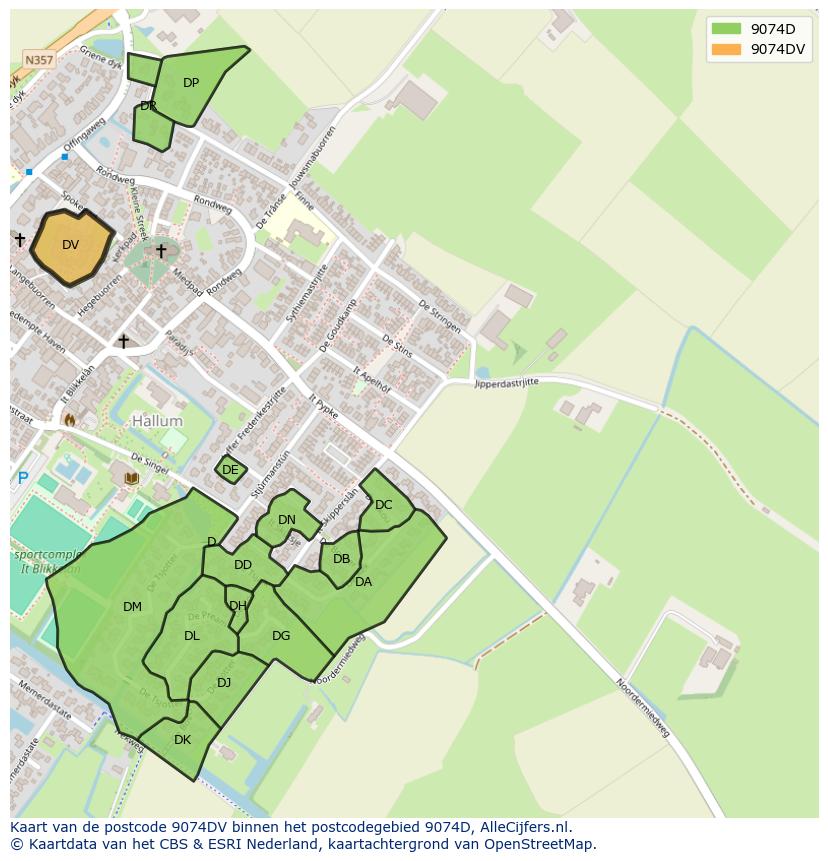 Afbeelding van het postcodegebied 9074 DV op de kaart.