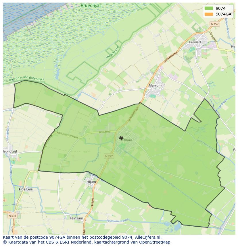 Afbeelding van het postcodegebied 9074 GA op de kaart.