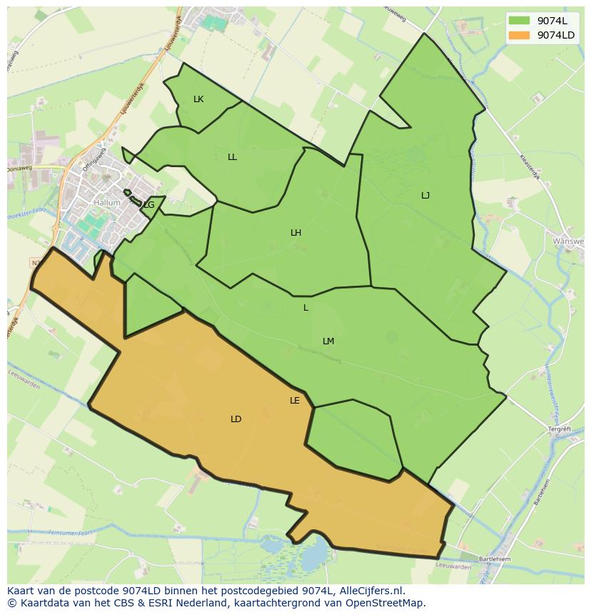 Afbeelding van het postcodegebied 9074 LD op de kaart.