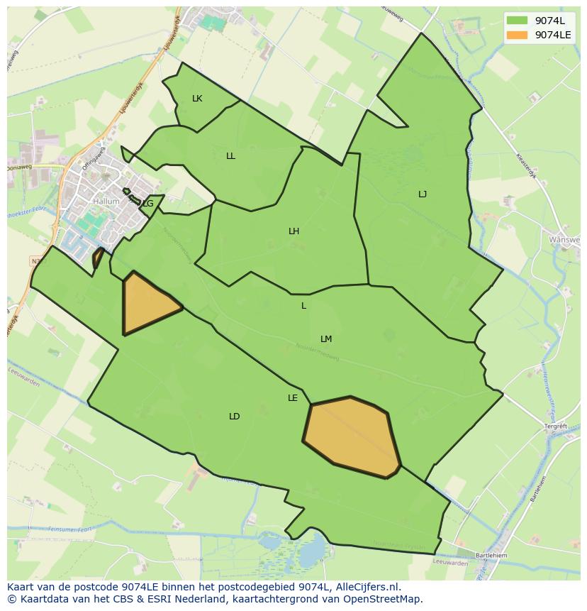 Afbeelding van het postcodegebied 9074 LE op de kaart.