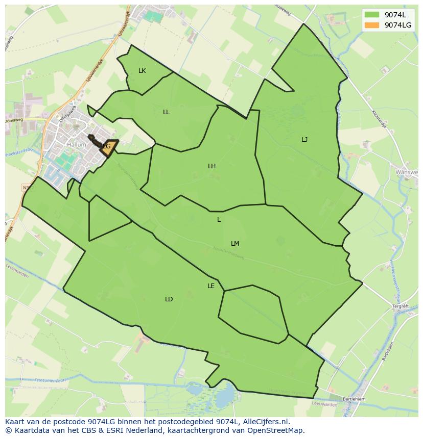 Afbeelding van het postcodegebied 9074 LG op de kaart.