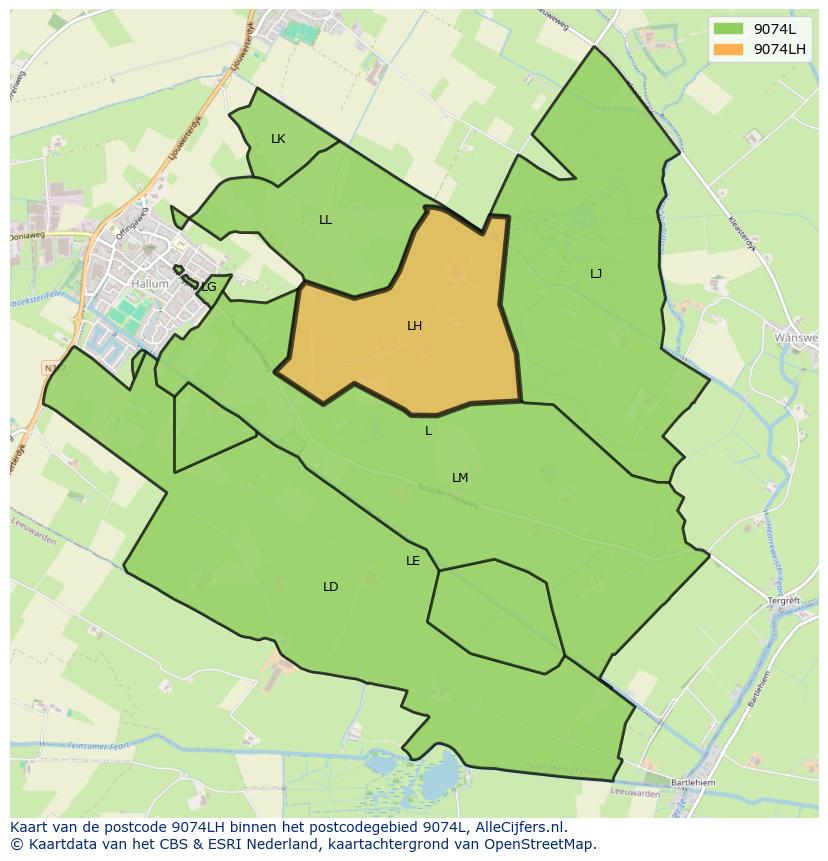 Afbeelding van het postcodegebied 9074 LH op de kaart.
