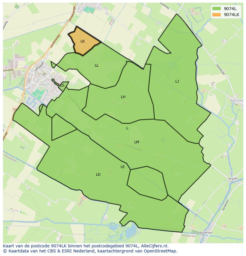 Afbeelding van het postcodegebied 9074 LK op de kaart.