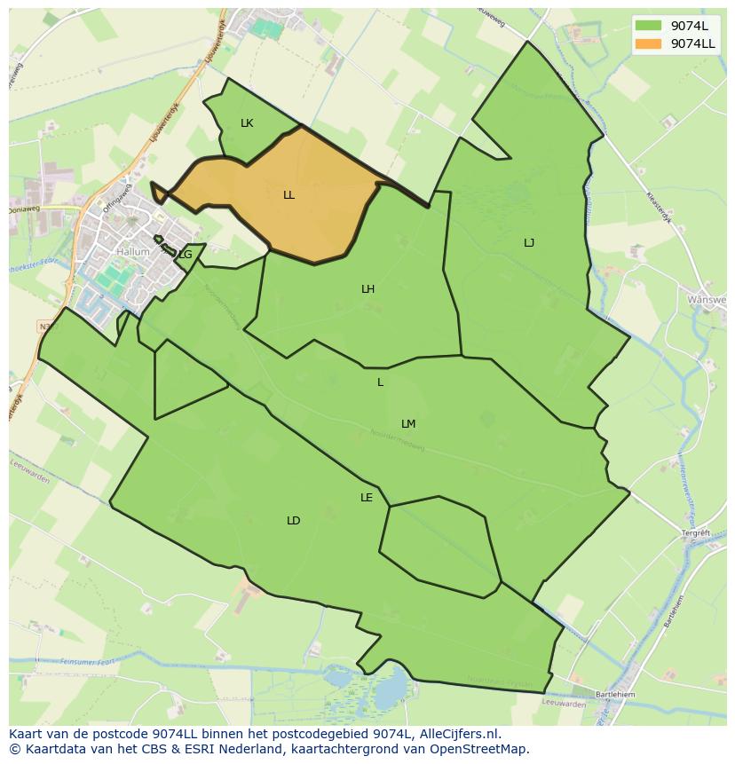 Afbeelding van het postcodegebied 9074 LL op de kaart.