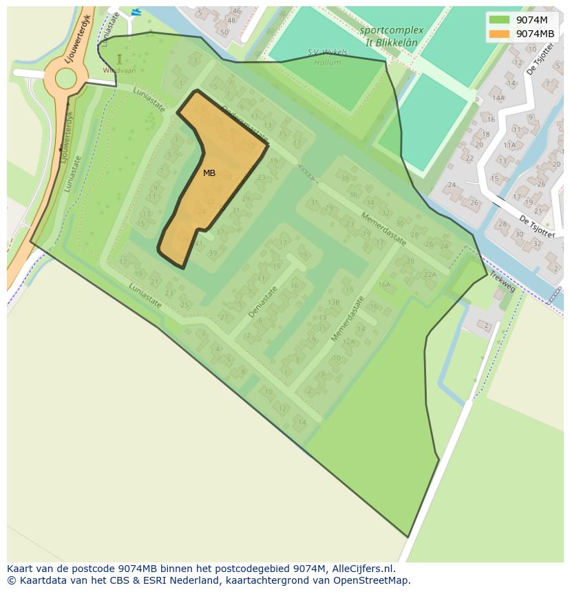 Afbeelding van het postcodegebied 9074 MB op de kaart.