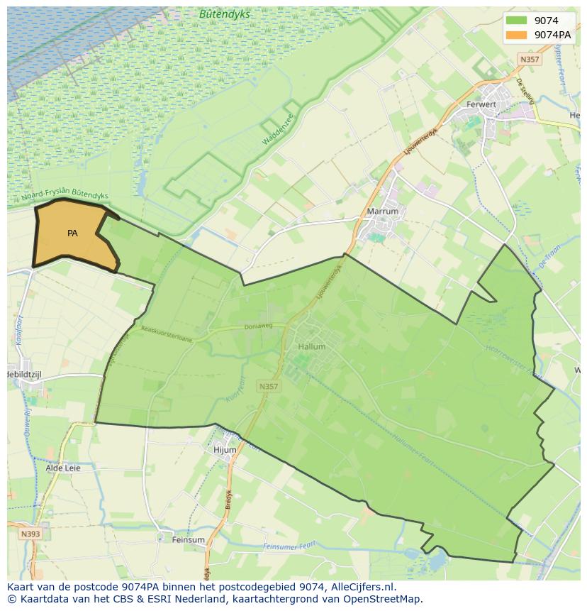 Afbeelding van het postcodegebied 9074 PA op de kaart.