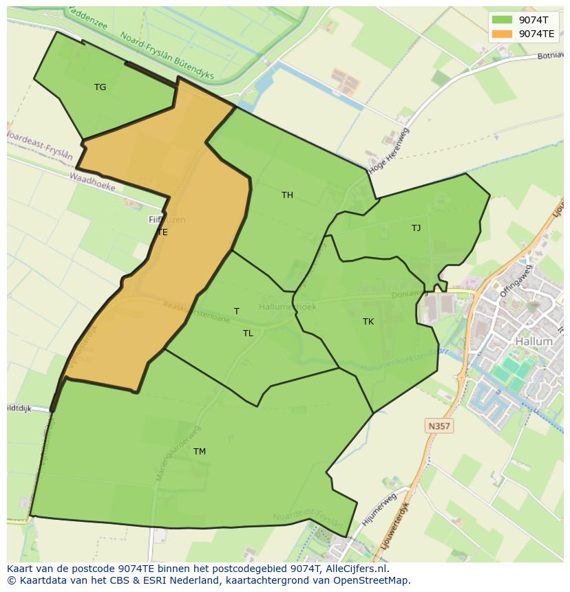 Afbeelding van het postcodegebied 9074 TE op de kaart.
