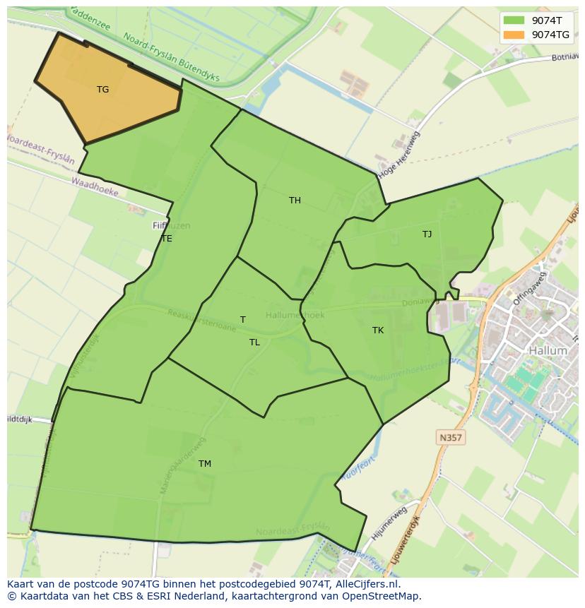 Afbeelding van het postcodegebied 9074 TG op de kaart.