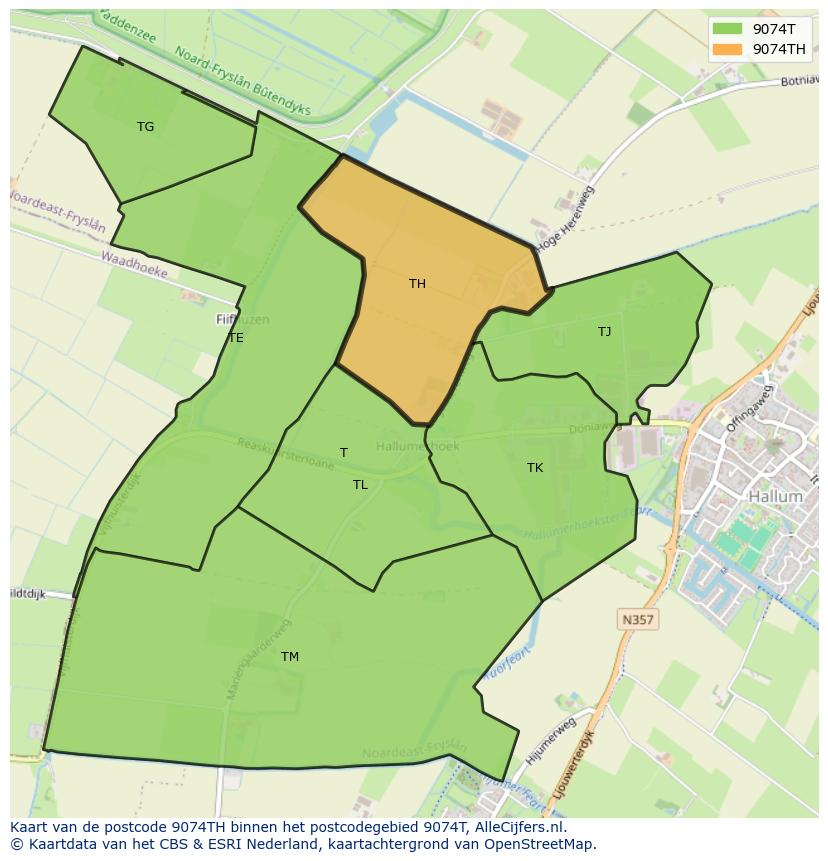 Afbeelding van het postcodegebied 9074 TH op de kaart.