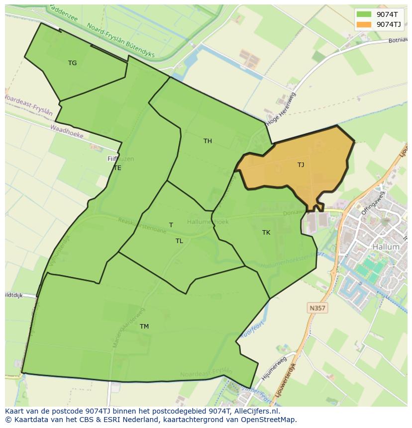 Afbeelding van het postcodegebied 9074 TJ op de kaart.