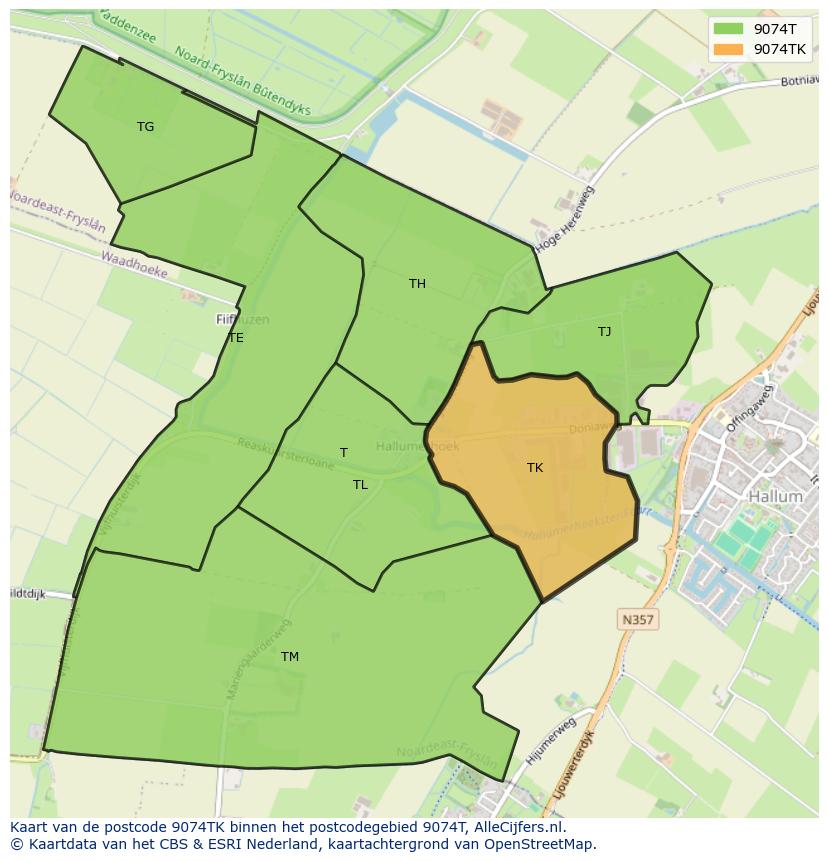 Afbeelding van het postcodegebied 9074 TK op de kaart.