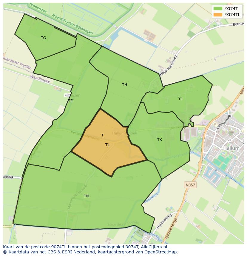 Afbeelding van het postcodegebied 9074 TL op de kaart.