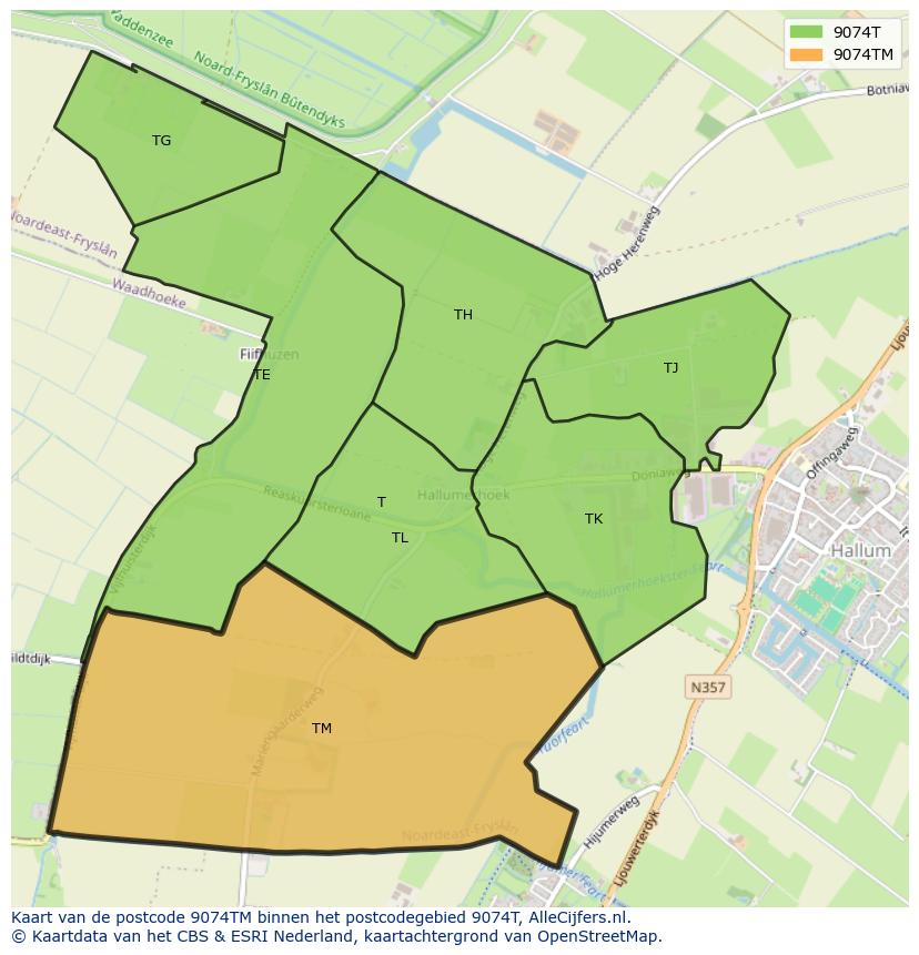 Afbeelding van het postcodegebied 9074 TM op de kaart.