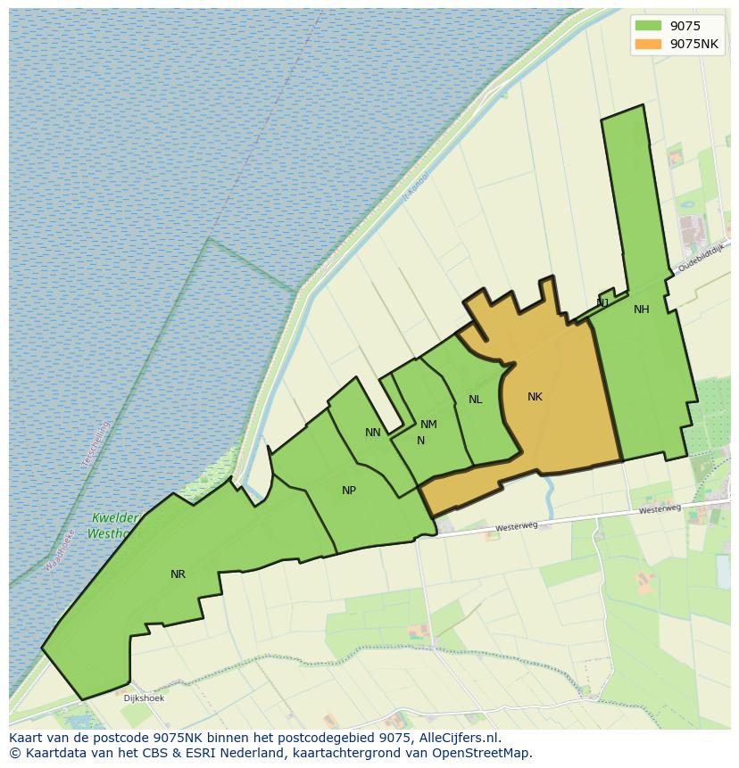 Afbeelding van het postcodegebied 9075 NK op de kaart.