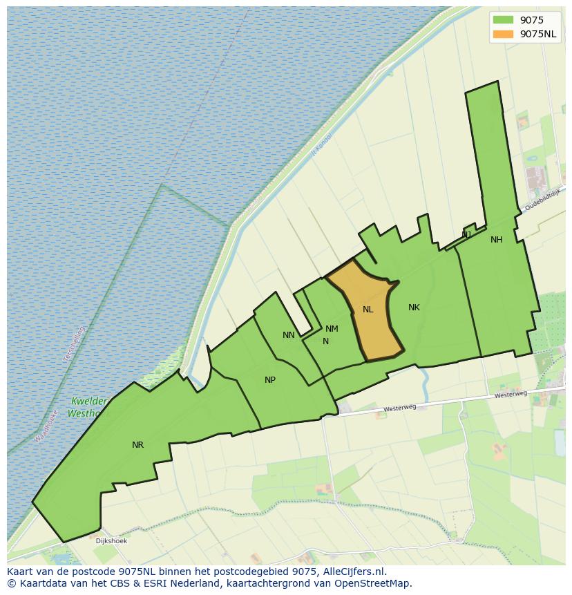 Afbeelding van het postcodegebied 9075 NL op de kaart.